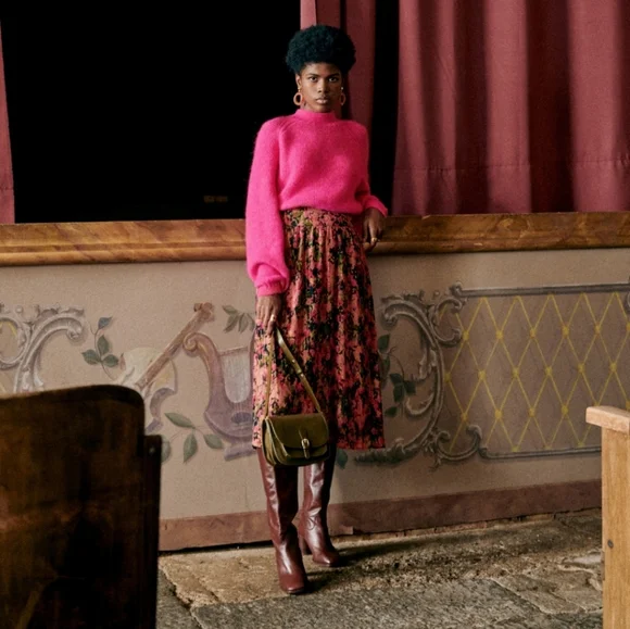 Sezane Maria Flowy Floral Pink Skirt